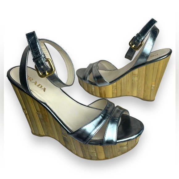 Prada Silver Leather Bamboo Wedges - Picture 1 of 12
